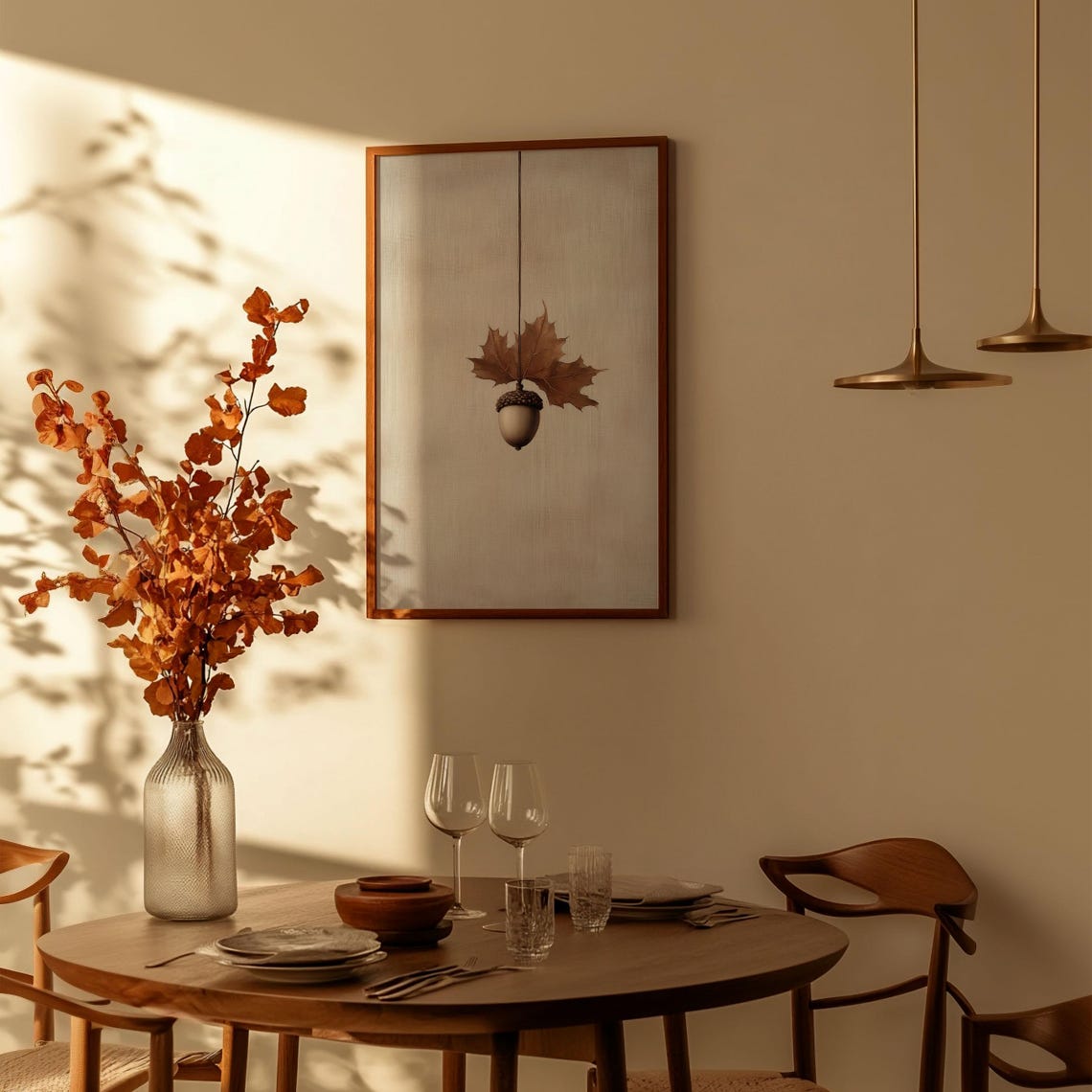 Single Hanging Acorn With Dried Maple Leaf Rustic Minimalist Poster - Image 2