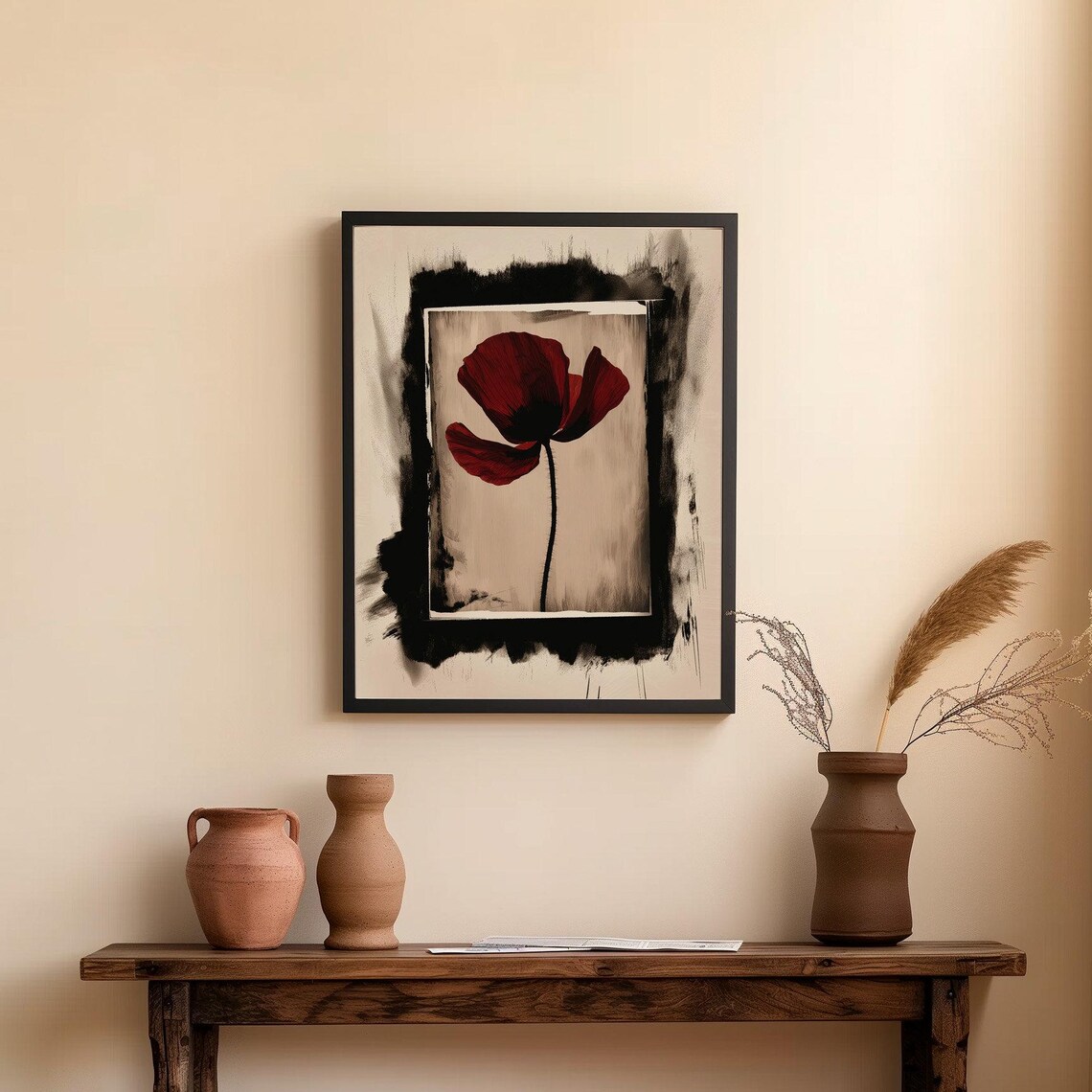 Red Poppy Sepia Moody Autumn Ink Wash Botanical Painting Poster - Image 2