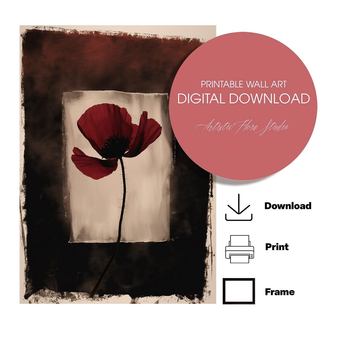 Red Poppy Blossom Dark Moody Floral Botanical Painting Poster - Image 2