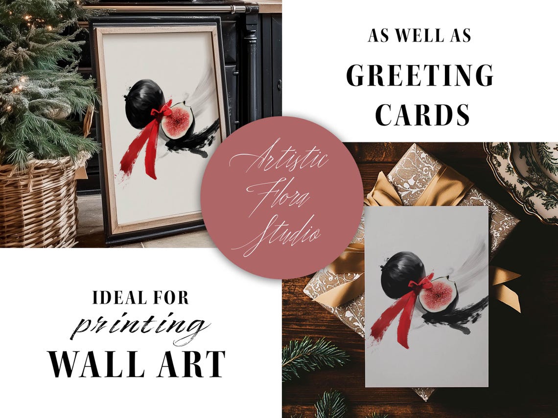 Fig Fruit Red Bow Ink Brushstroke Modern Botanical Art Poster - Image 2