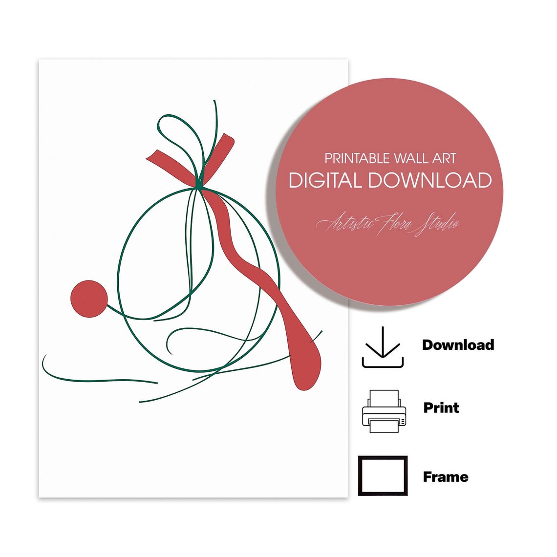 Minimalist Line Art Christmas Bauble With Red Ribbon Card Poster - Image 3