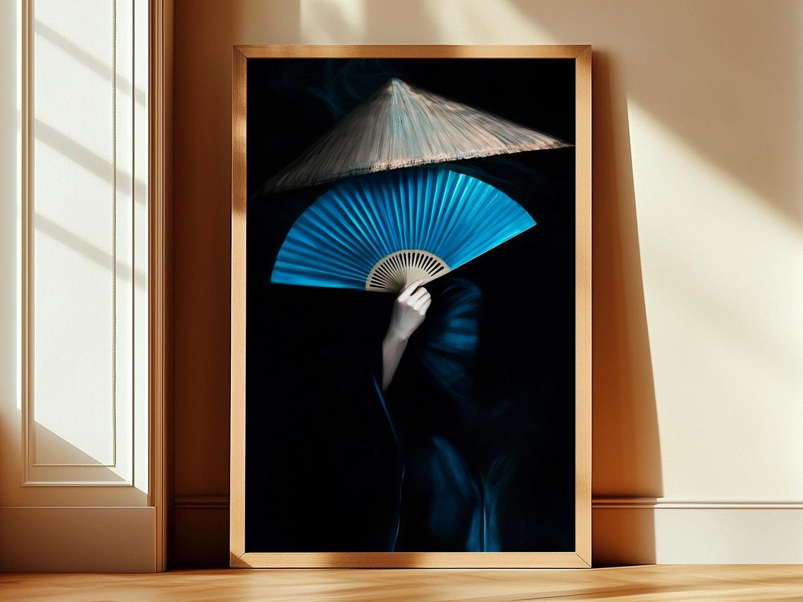 Mysterious Woman With Blue Fan Conical Hat Dark Elegant Art Poster