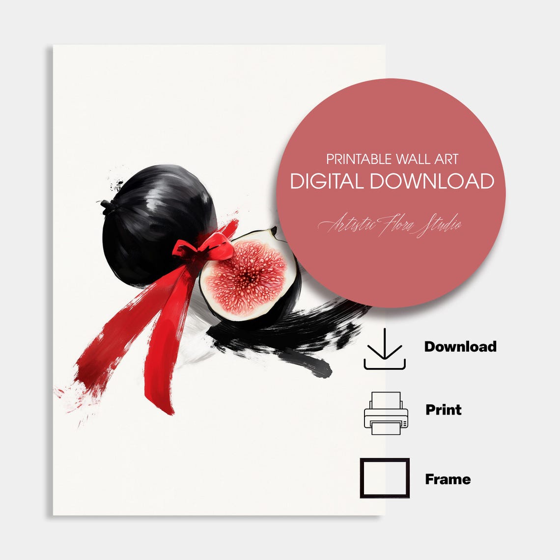 Fig Fruit Red Bow Ink Brushstroke Modern Botanical Art Poster - Image 4
