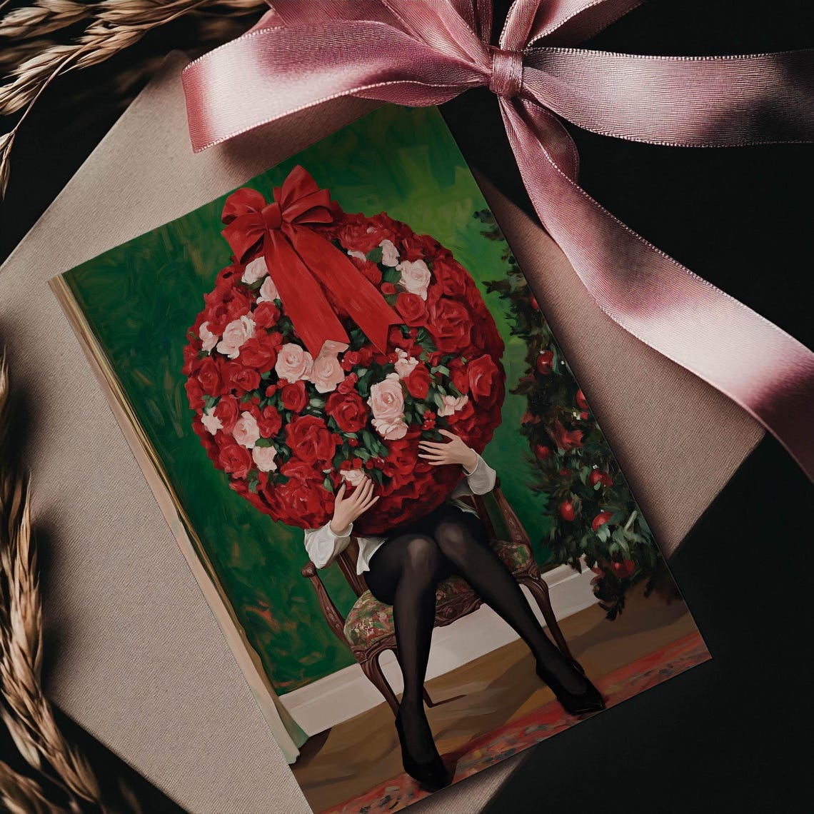 Woman Holding Giant Floral Bauble With Red Bow Christmas Poster - Image 2