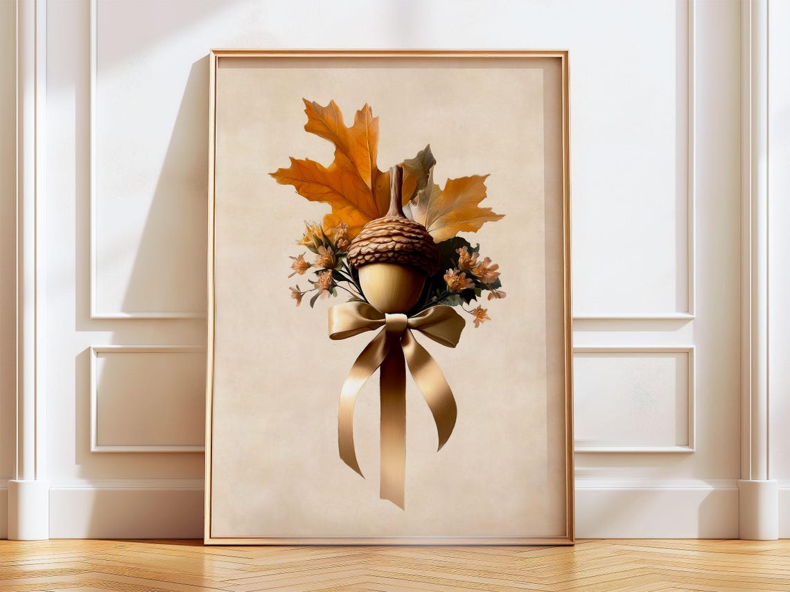 Acorn With Gold Satin Bow Dried Flowers And Maple Leaves Art Poster