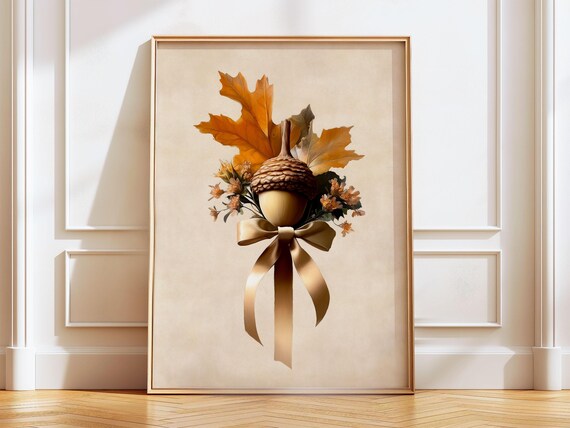 Acorn With Gold Satin Bow Dried Flowers And Maple Leaves Art Poster