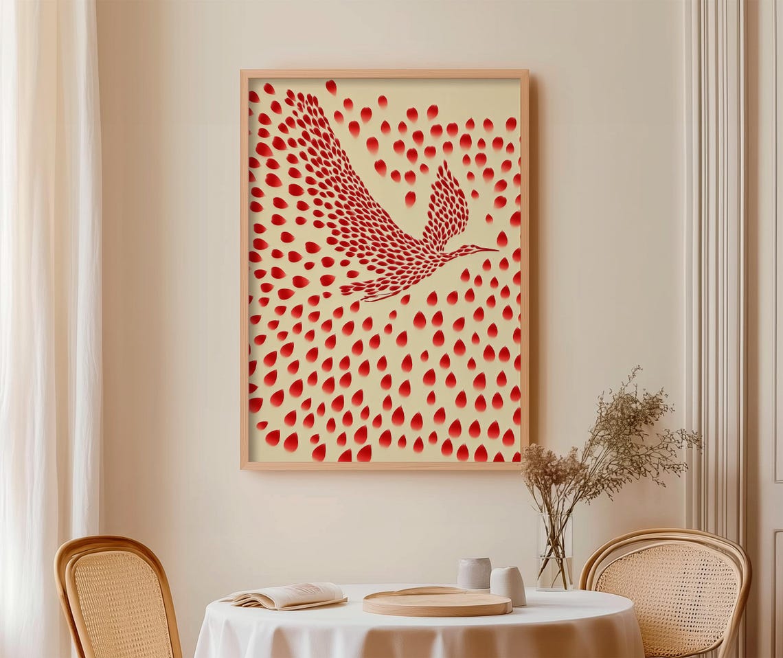 Flying Bird Red Petal Mosaic Dot Art Cream Abstract Wall Poster - Image 4