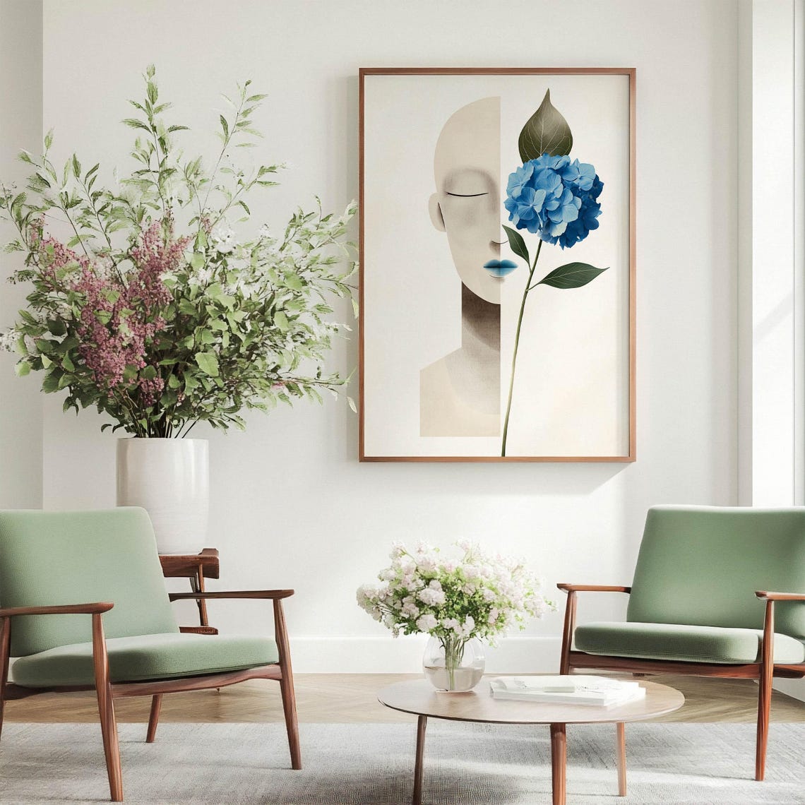 Abstract Beige Face Blue Hydrangea Modern Minimalist Art Poster - Image 3