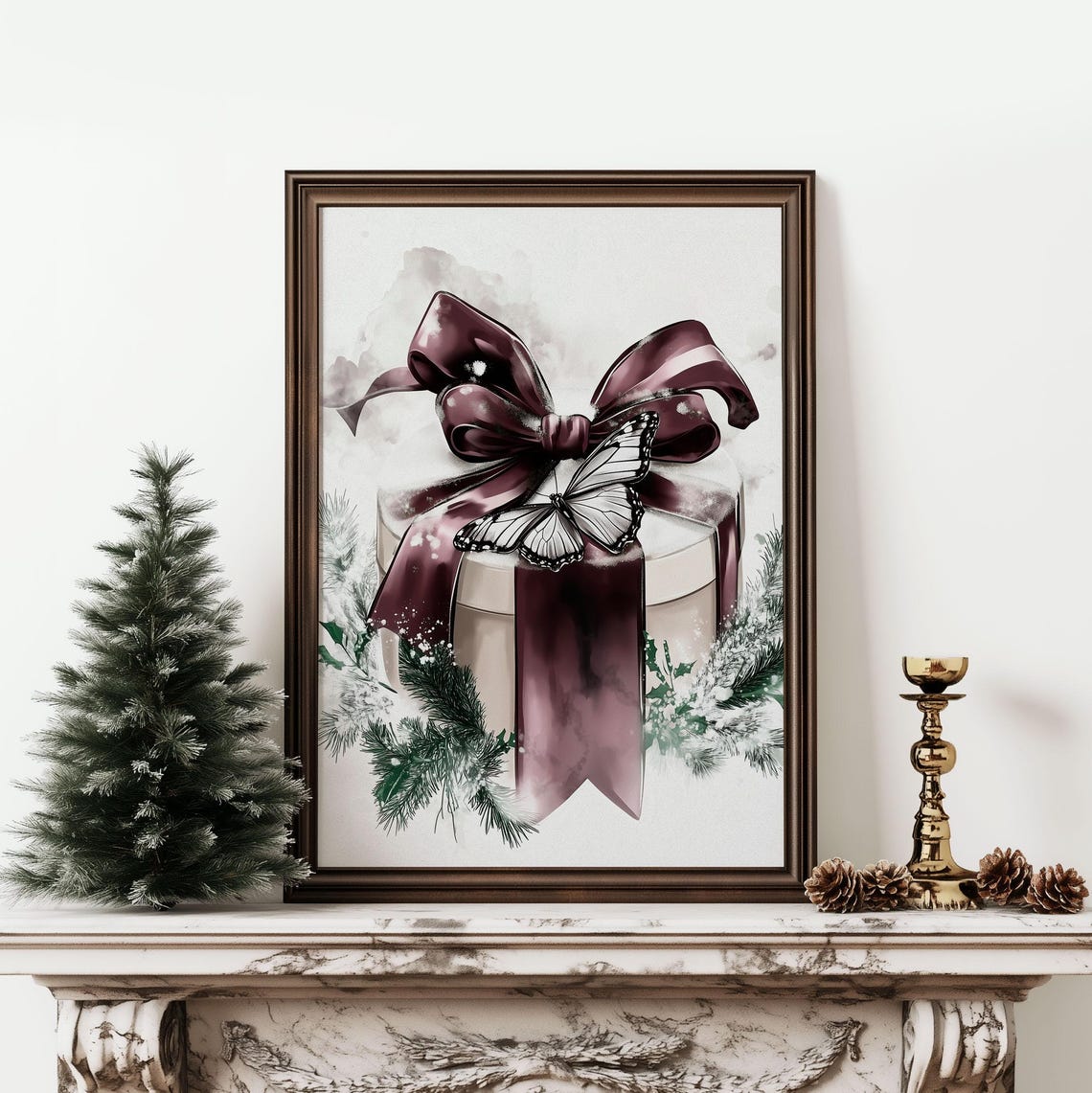 Dark Plum Bow Watercolor Christmas Gift Box With Butterfly Art Poster - Image 5