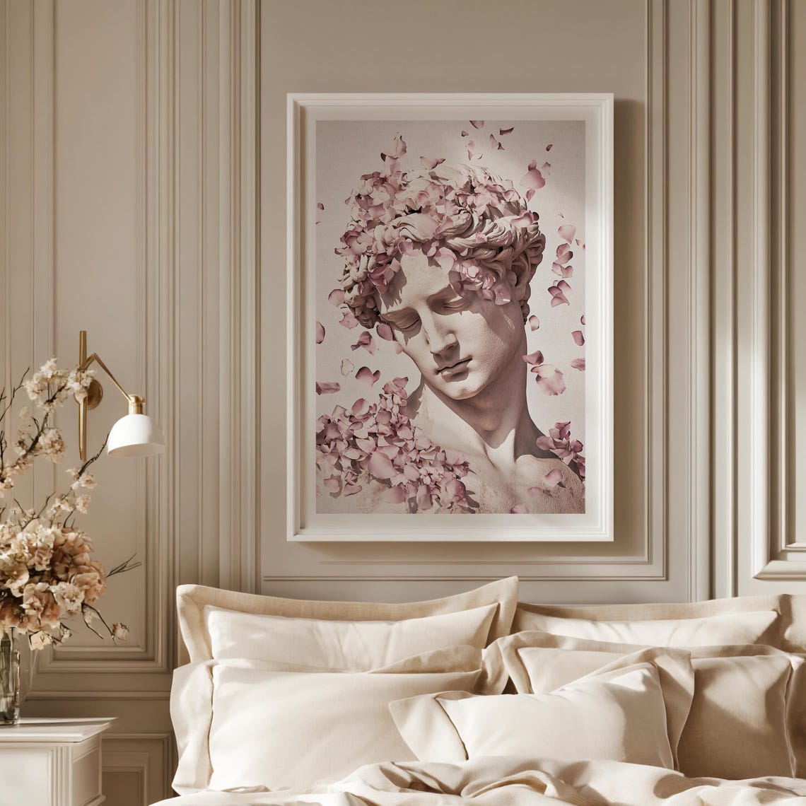 Michelangelo David Statue with Pink Petals Classical Art Poster - Image 3