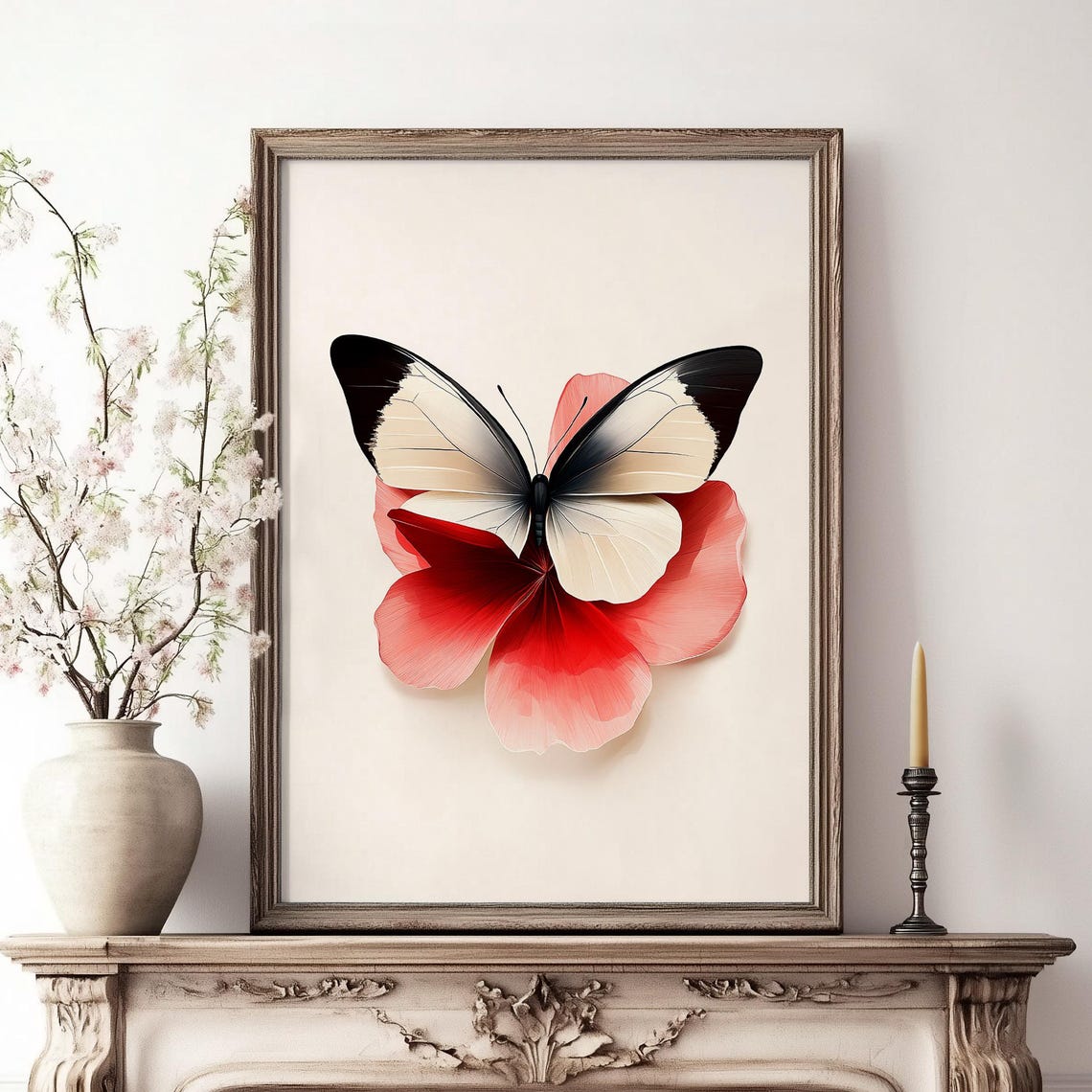 Black White Butterfly Red Flower Minimalist Nature Art Poster - Image 4