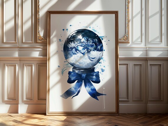 Blue Watercolor Snow Globe With Bow Winter Christmas Art Poster