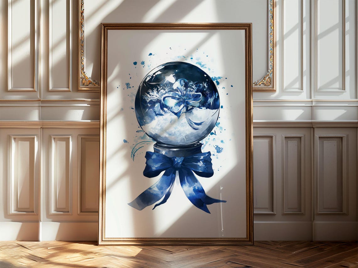 Blue Watercolor Snow Globe With Bow Winter Christmas Art Poster