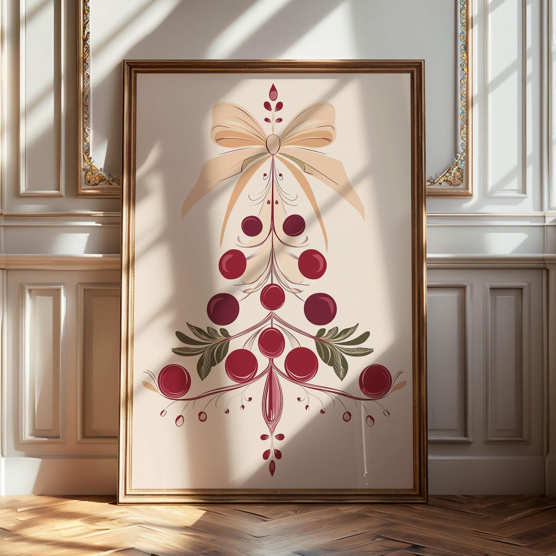 Red Berry Christmas Tree Gold Bow Elegant Holiday Art Poster - Image 4
