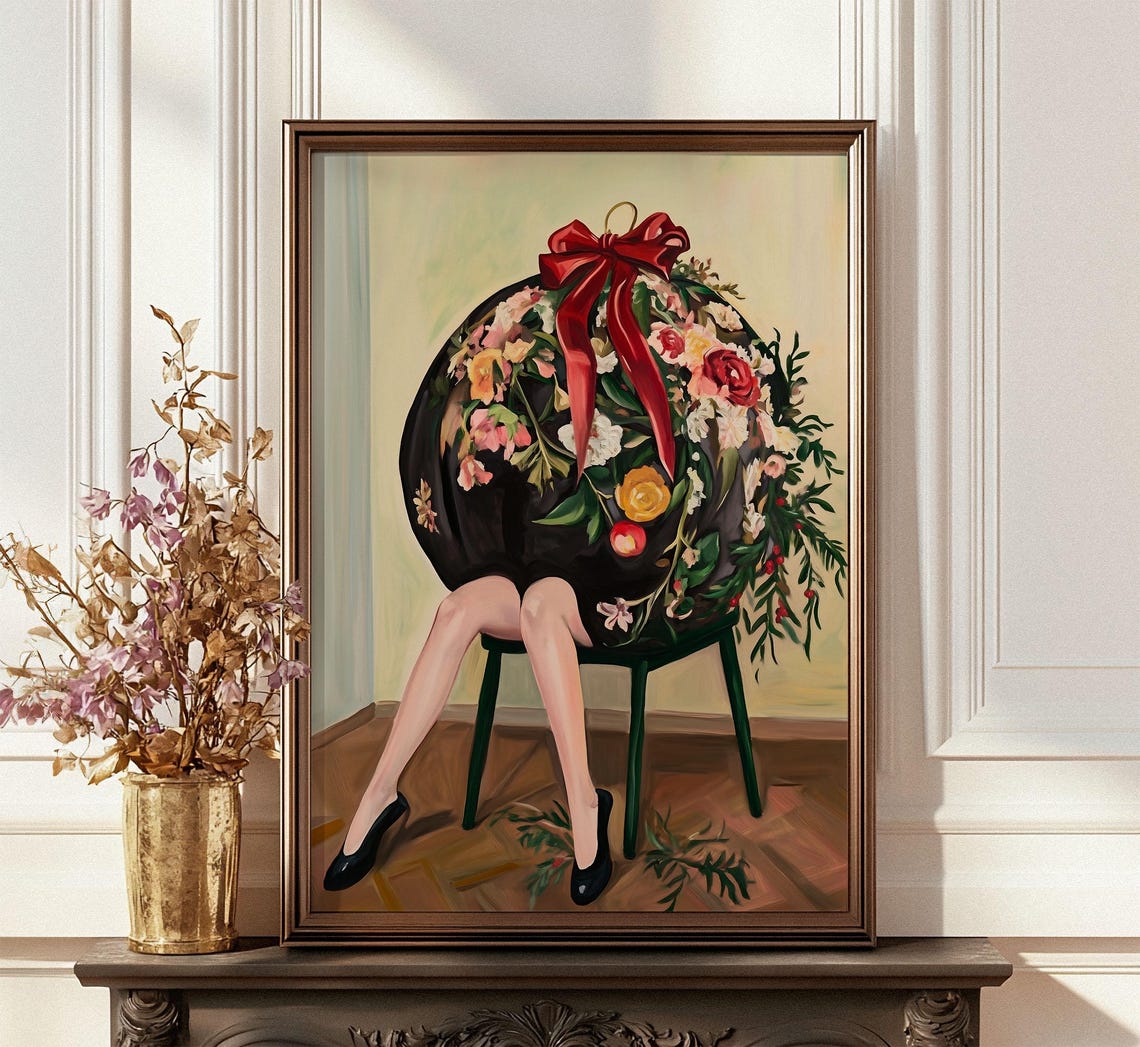 Woman With Giant Floral Christmas Bauble And Red Bow Surreal Poster - Image 4