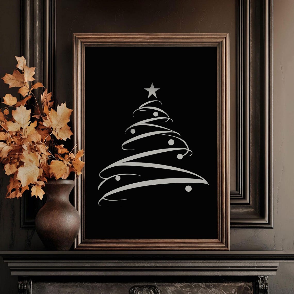 White Line Art Christmas Tree On Black Minimalist Graphic Poster - Image 2