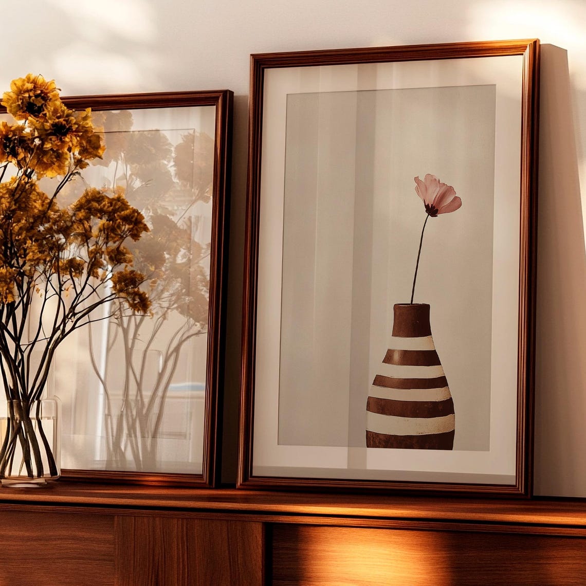 Brown Striped Vase Single Blush Flower Minimalist Art Poster - Image 3