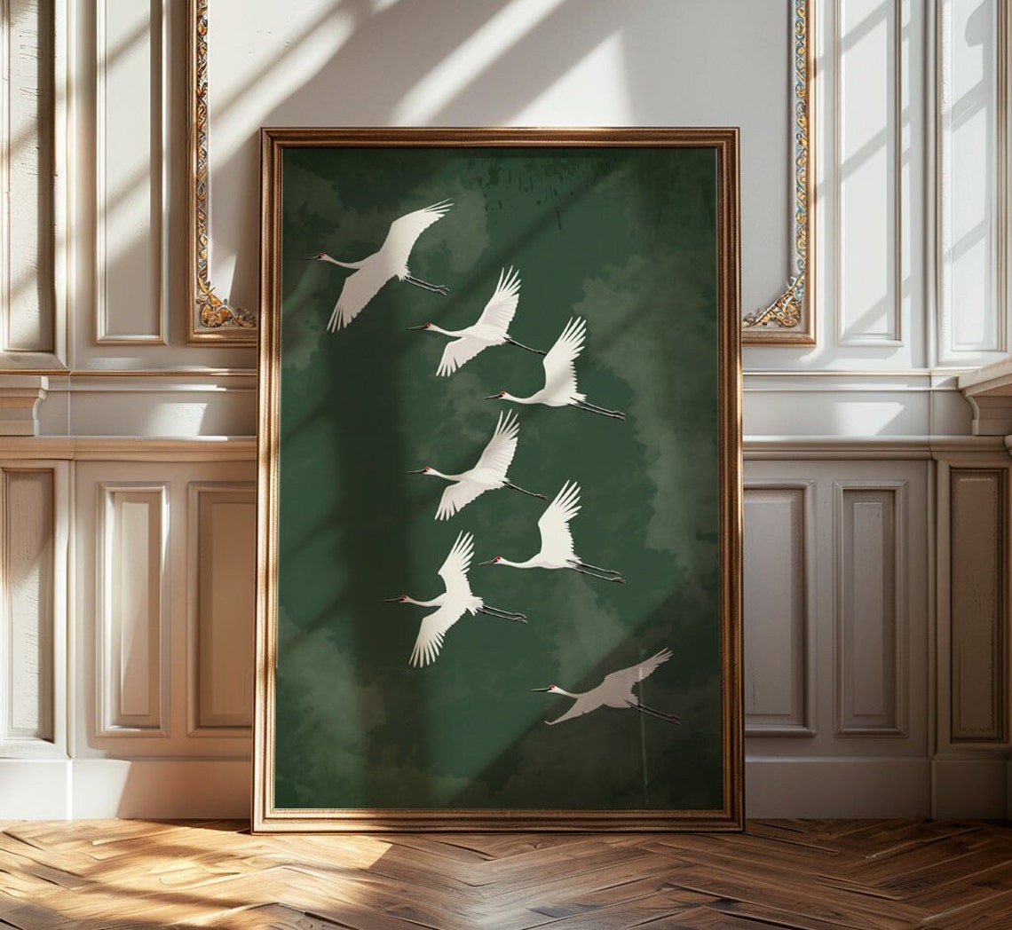 Seven White Cranes Flying Deep Green Sky Elegant Japanese Art Poster
