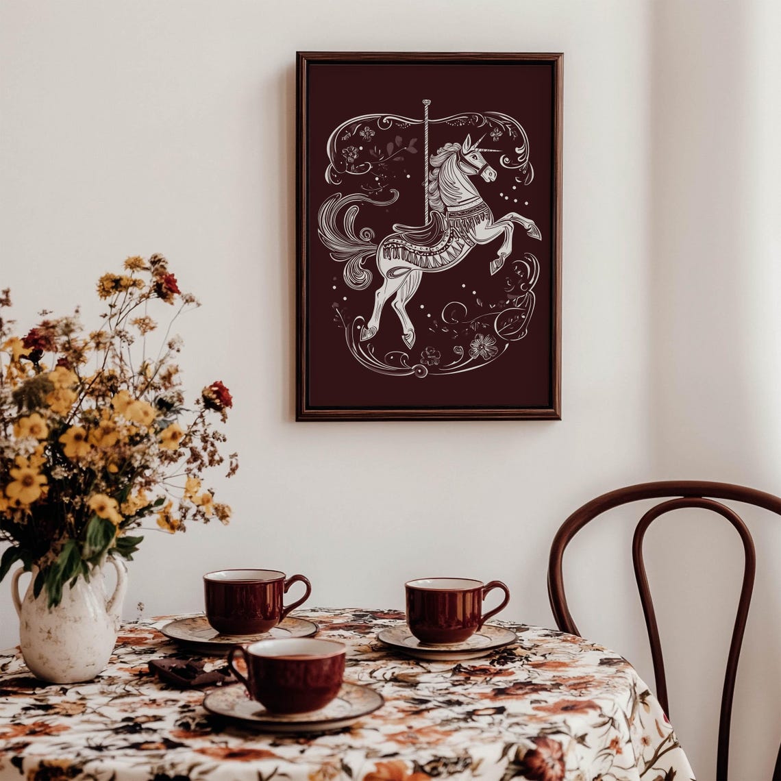 White Carousel Unicorn Line Art Burgundy Vintage Circus Poster - Image 4