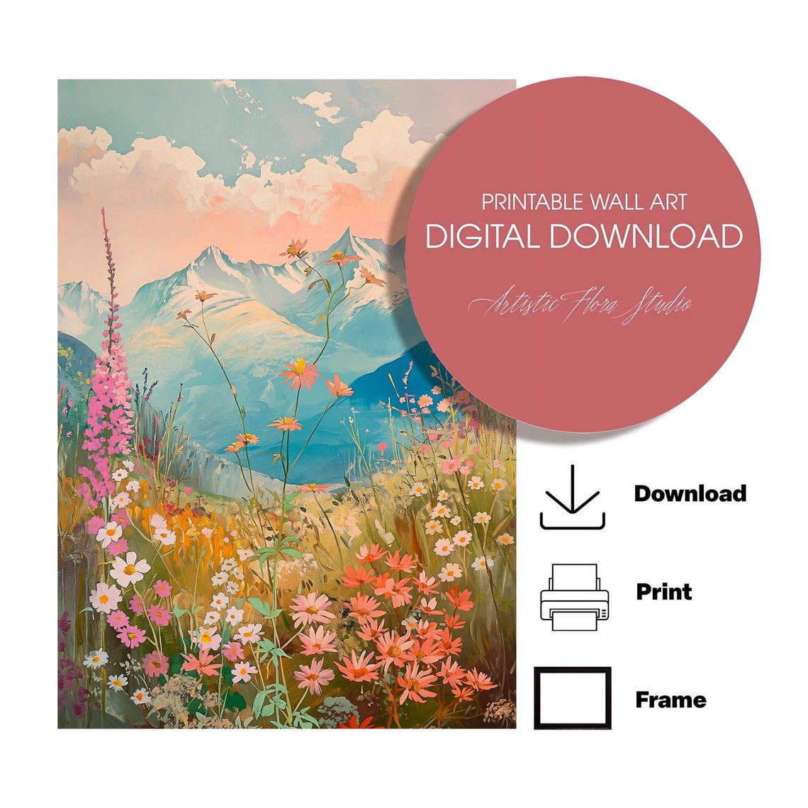 Alpine Peaks Wildflower Meadow Peachy Sky Mountain Landscape Poster - Image 2