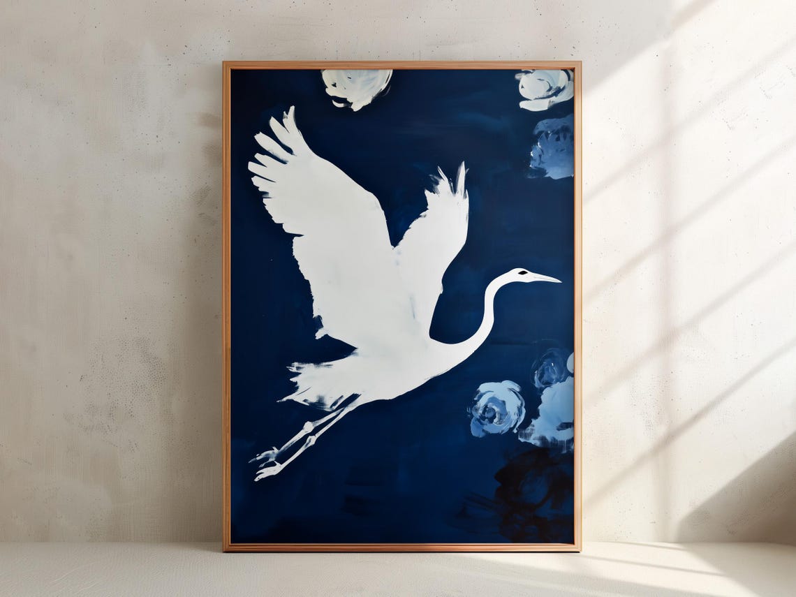 White Crane in Flight on Navy Blue Brushstroke Floral Art Poster