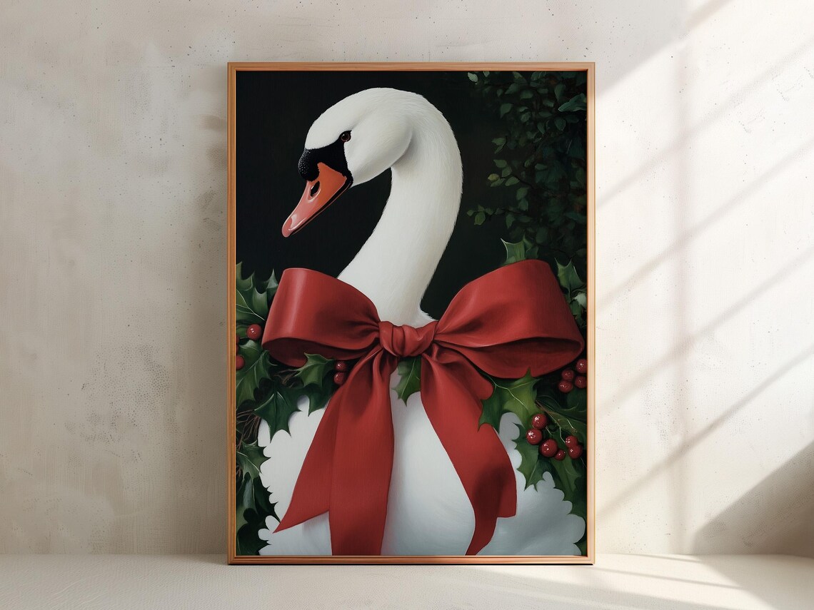 White Swan Wearing Giant Red Satin Bow With Holly Christmas Art Poster - Image 3