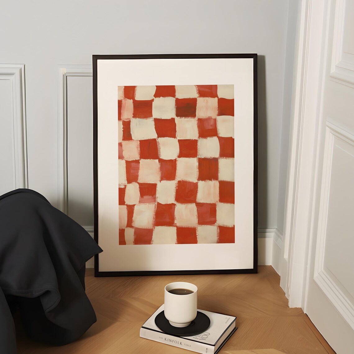 Red Cream Checkered Abstract Brushstroke Painting Modern Wall Art - Image 3