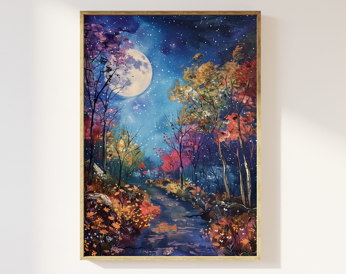 Moon Above The Magical Woodland At Night Art Print
