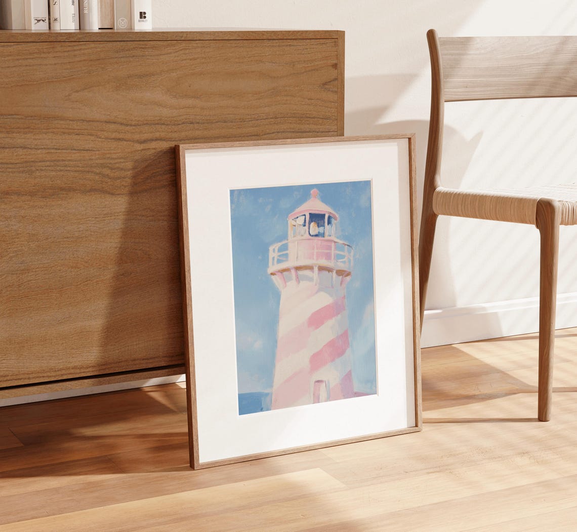 Pink And White Striped Lighthouse Painting Blue Sky Coastal Poster