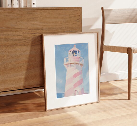 Pink And White Striped Lighthouse Painting Blue Sky Coastal Poster