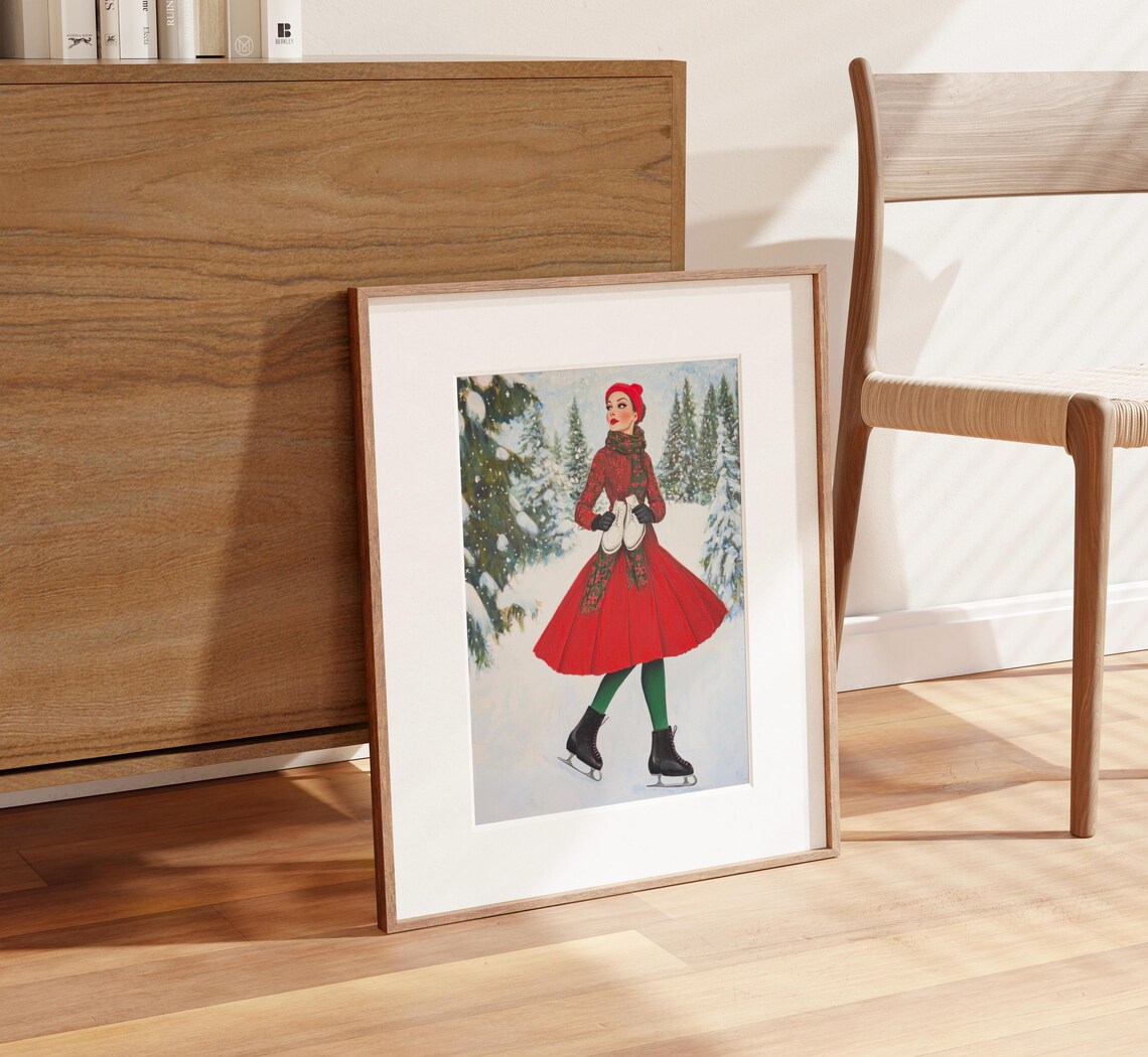 Elegant Woman Red Dress Ice Skating Snowy Pines Winter Poster - Image 2