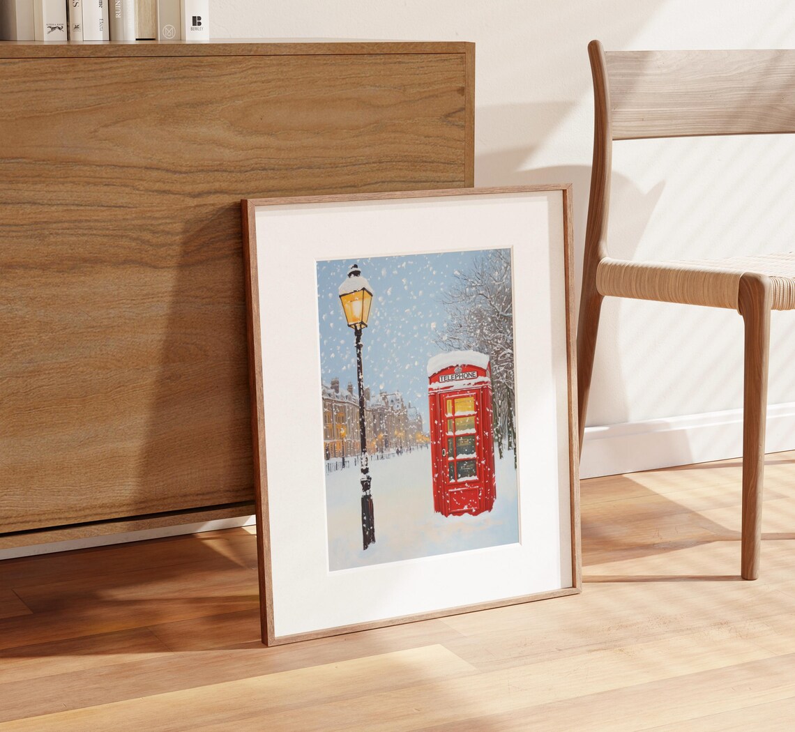 Snowy London Street with Red Telephone Booth and Lamp Poster - Image 2