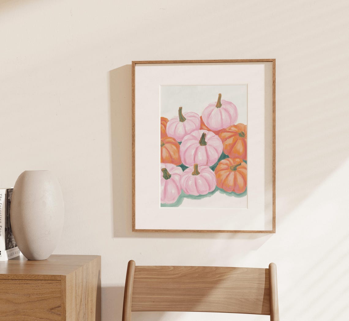 Pink Orange Pumpkin Patch Watercolor Fall Harvest Autumn Poster - Image 3