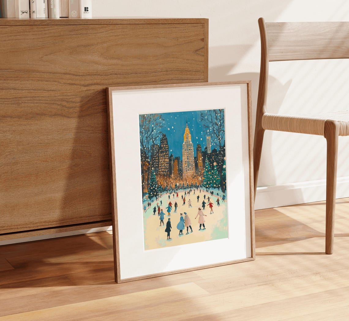 Magical New York Night Skyline Ice Skating Christmas Trees Poster - Image 2