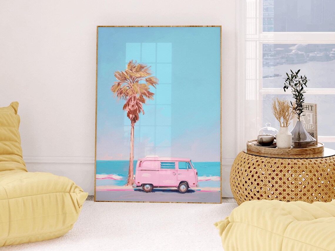 Retro Pink Kombi Van Poster, Vintage Coastal - Image 2