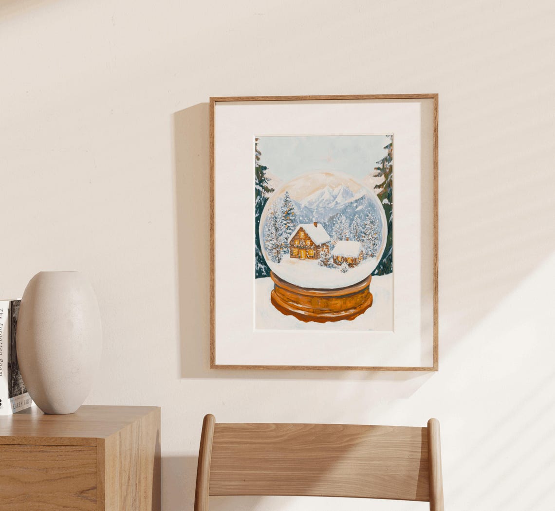Glowing Snow Globe Cabin in Winter Mountain Forest Painting Poster - Image 2