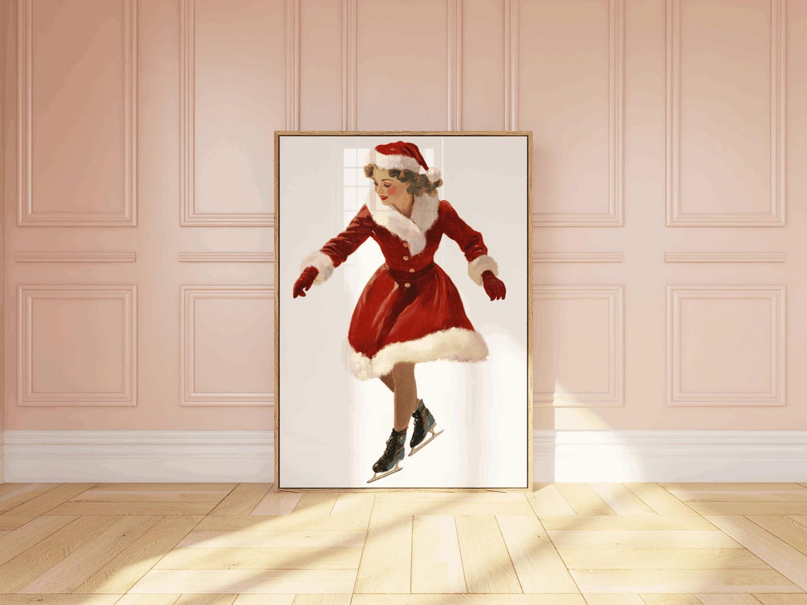 Vintage Christmas Woman Ice Skating Red Santa Dress Retro Poster