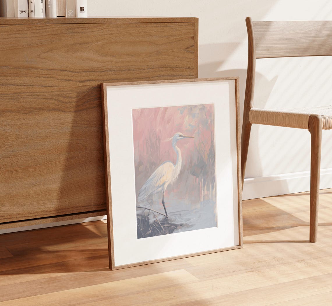 Elegant White Heron Wading At Sunset In Pink Wetlands Poster - Image 2