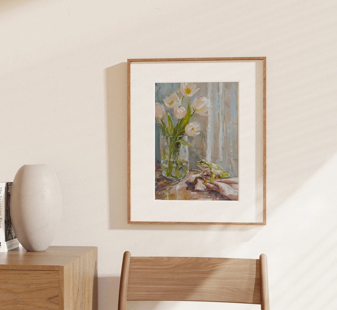 Green Frog and White Tulips Pastel Still Life Painting Art Print - Image 3