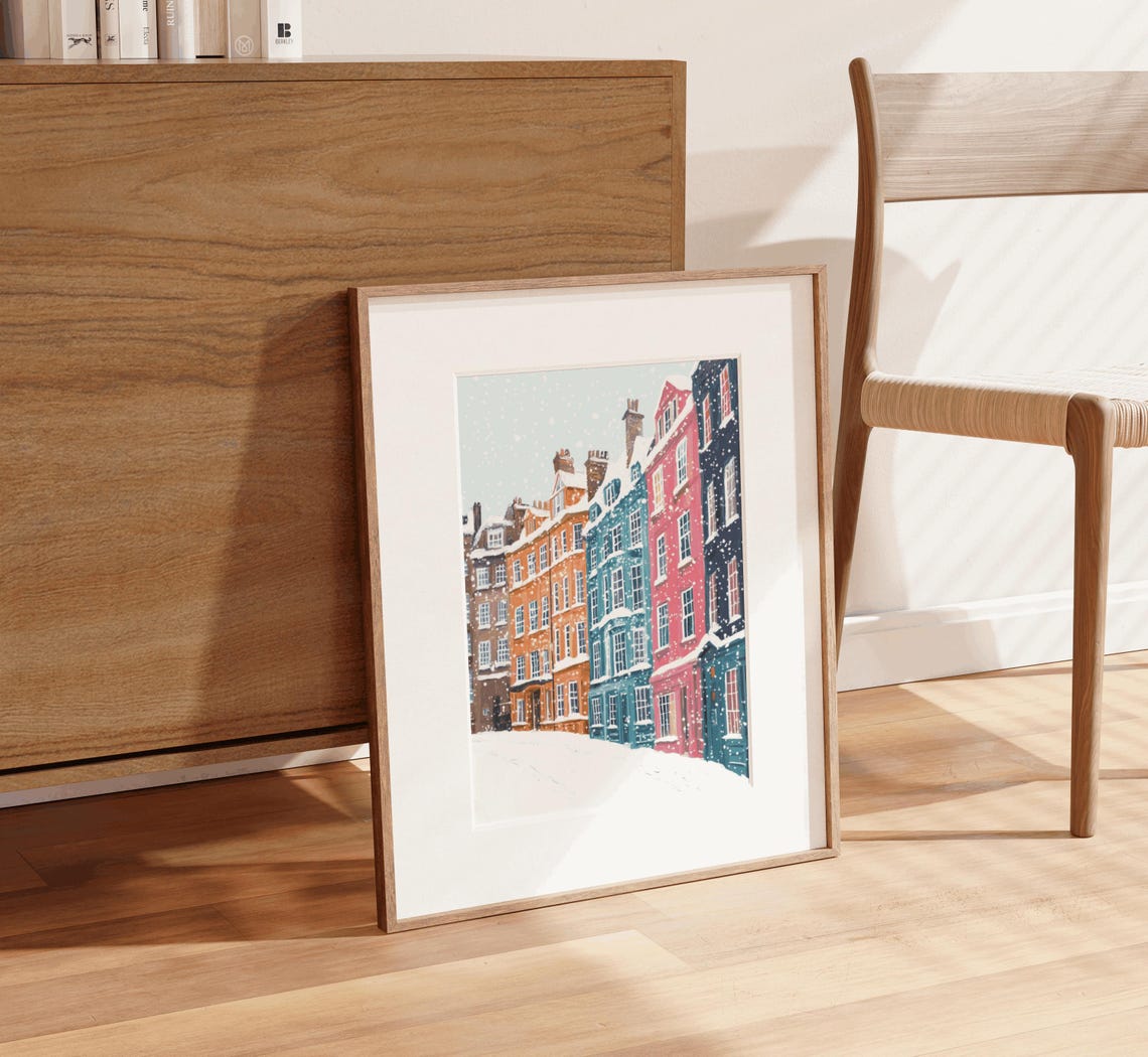 English Winter Town Print Preppy Winter Christmas Decor Girly Christmas Wall Art London Winter London Christmas Painting - Image 2