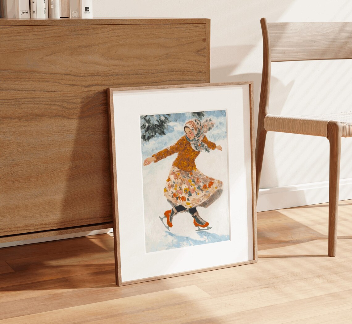 Classy Woman Ice Skating Vintage Christmas Art Print - Image 2