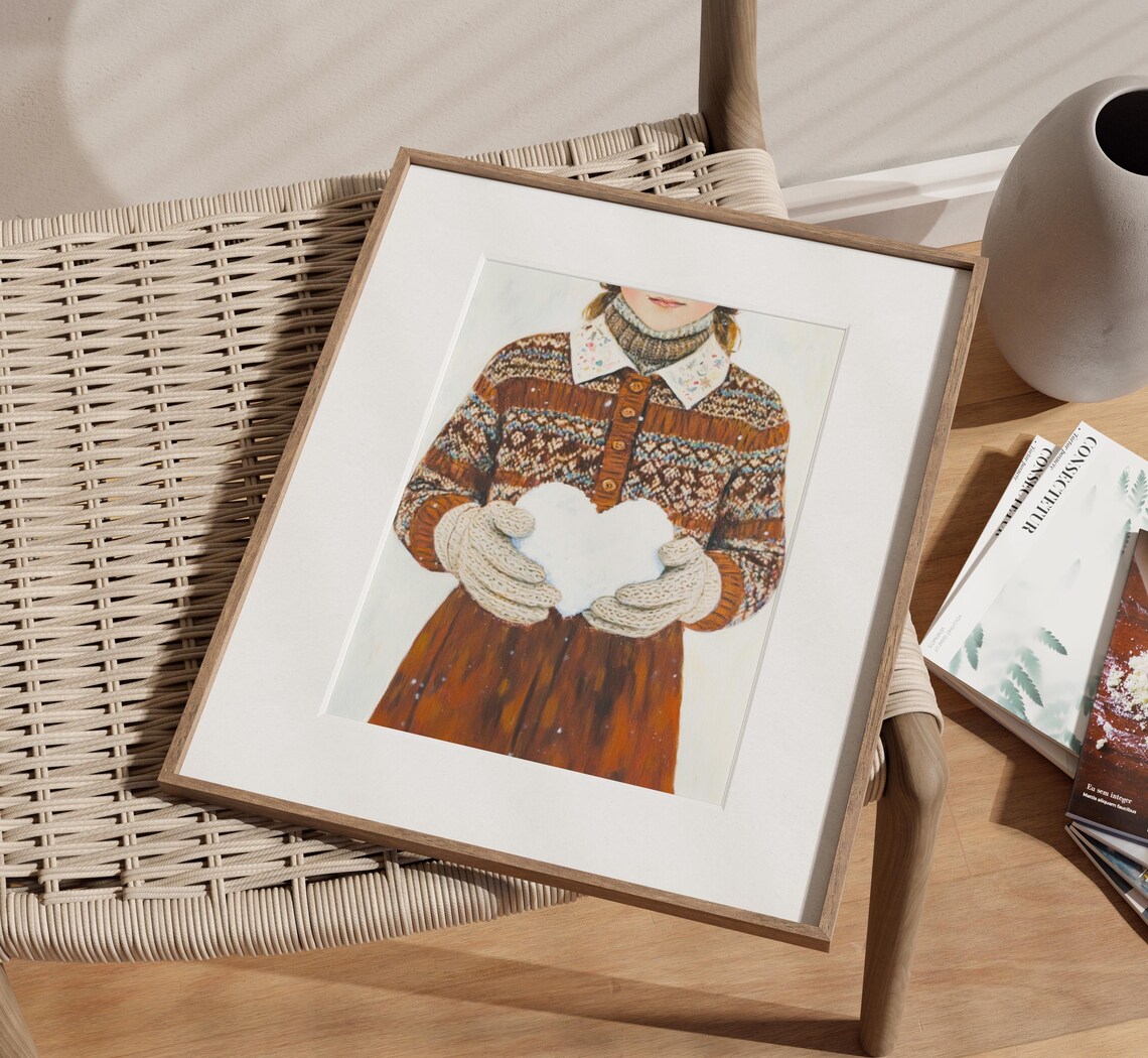Girl Fair Isle Sweater Holding Snow Heart Cozy Winter Poster - Image 3