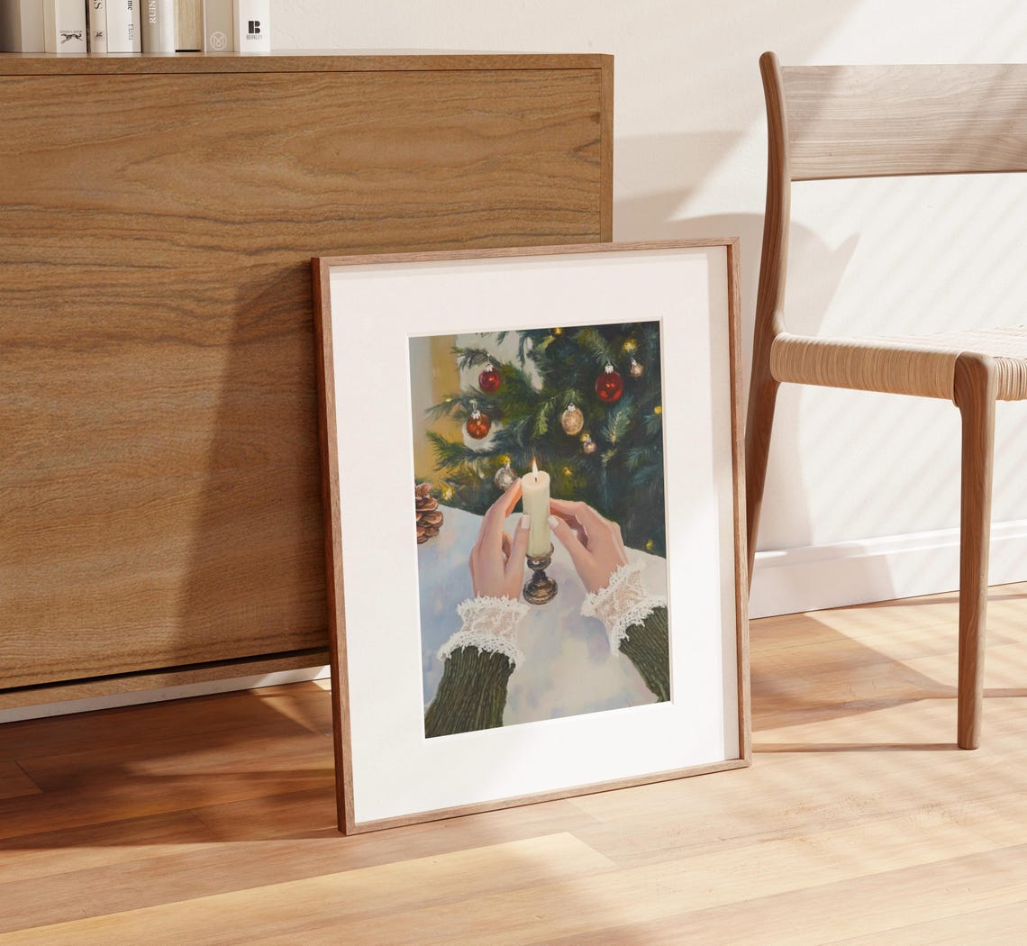 Woman Holding Lit Candle Before Christmas Tree Warm Glow Poster - Image 2