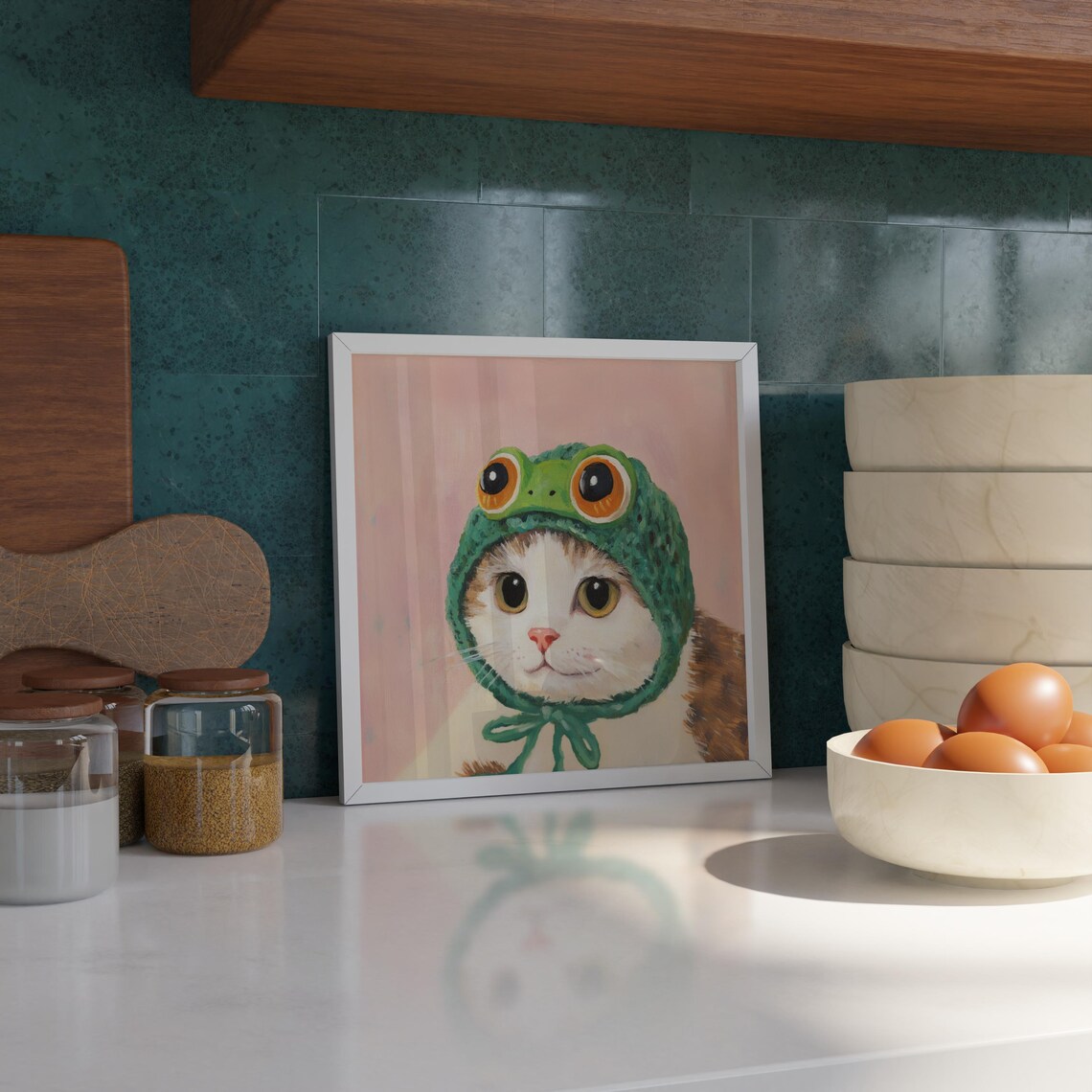 Calico Cat Frog Beanie, Cottagecore Farmhouse Art Print - Image 3