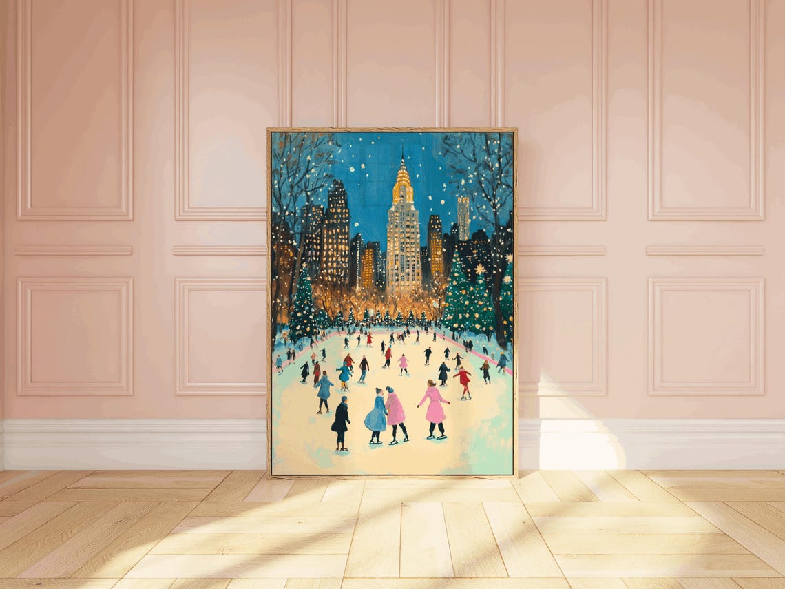 Magical New York Night Skyline Ice Skating Christmas Trees Poster