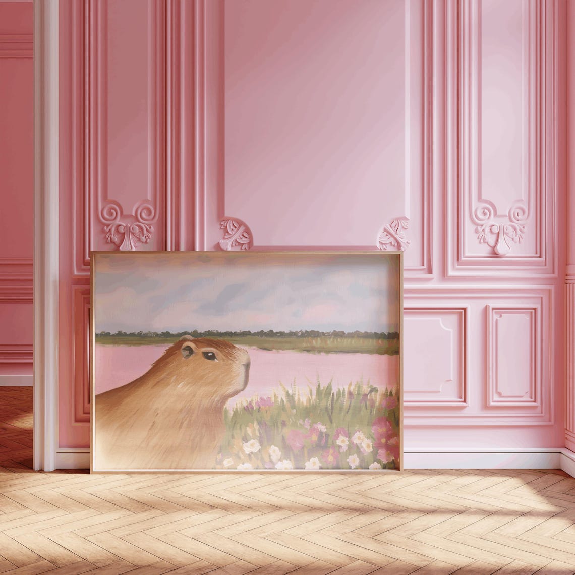 Capybara Relaxing Among Pink Wildflowers Marsh Landscape Poster - Image 3