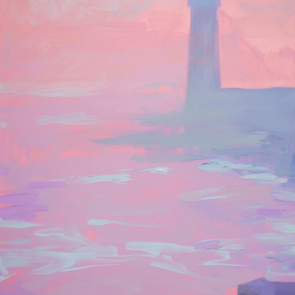 Lighthouse in Pink Fog Over Calm Sea Pastel Coastal Art Print - Image 2