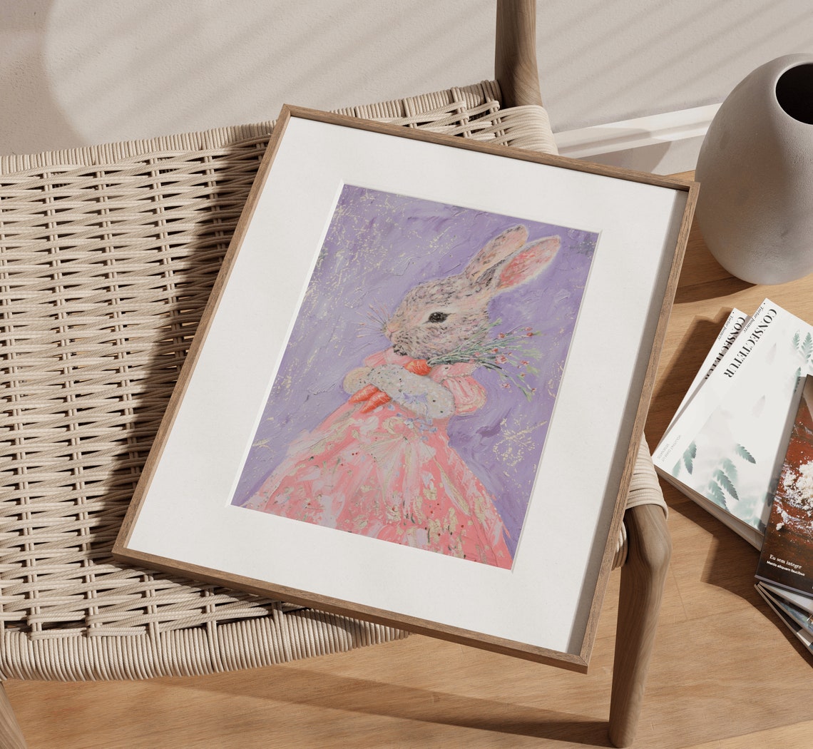Bunny in Pink Floral Dress with Carrots Pastel Nursery Art Print