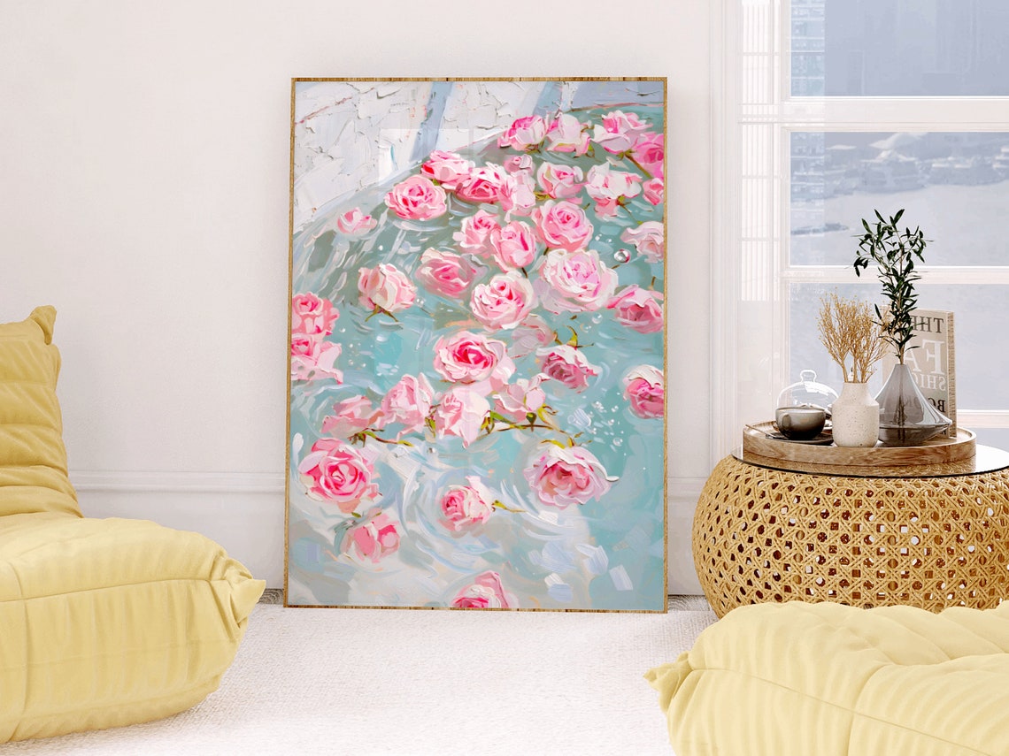 Pink Roses Floating On Teal Water Floral Impressionist Painting Poster - Image 2