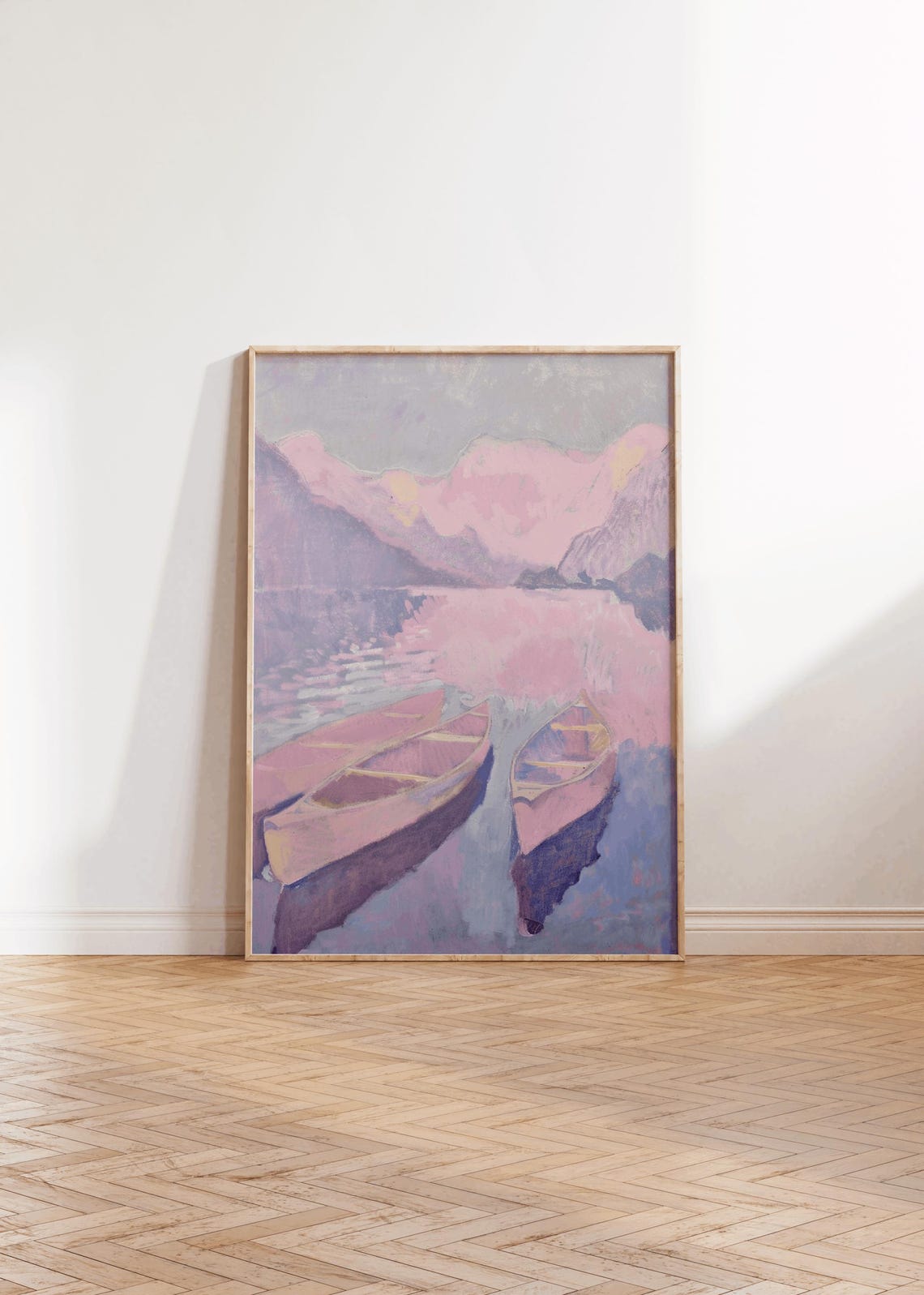 Pastel Rowboats Resting On Calm Sunset Lake Reflection Poster - Image 2